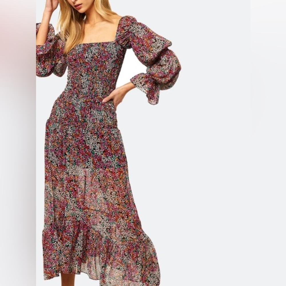 Misa Los Angeles smocked Rashida floral midi dress purple Sz XS